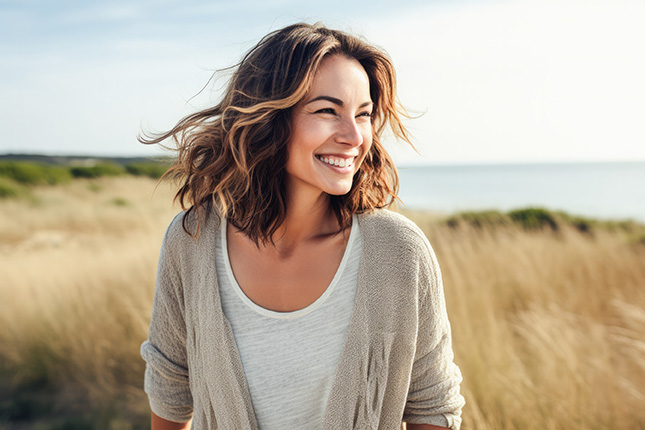 An attractive woman by the beach with a happy smile no longer suffering from stress and anxiety.