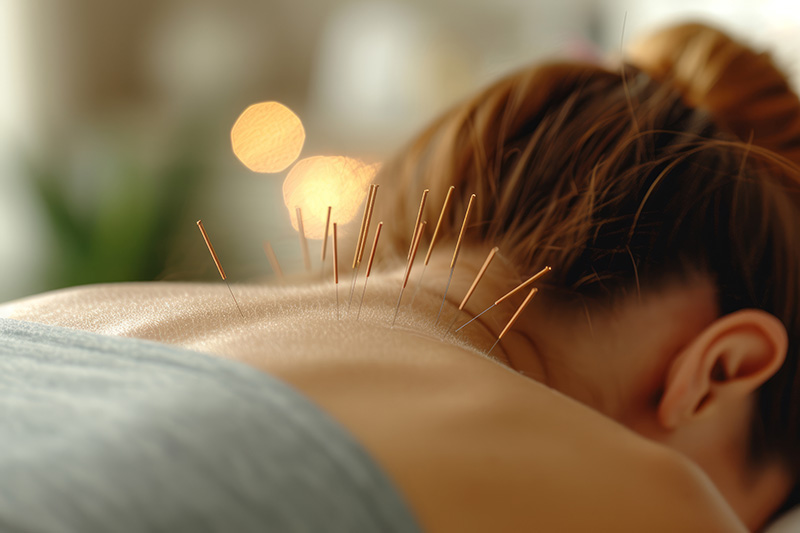 Close-up of acupuncture needles inserted into a woman's upper back and neck during a pain relief therapy session at Lee Schwalb Acupuncture in Midtown, NYC.