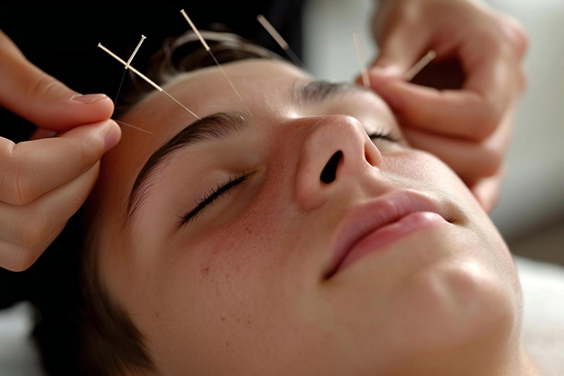 Close-up of a person receiving facial acupuncture, with needles gently inserted to promote stress reduction, improved blood flow, and balancing energy.