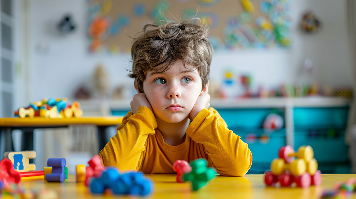 Young child in a classroom resting their head on their hands, surrounded by colorful toys, looking thoughtful or bored, illustrating challenges faced by children with ADHD.