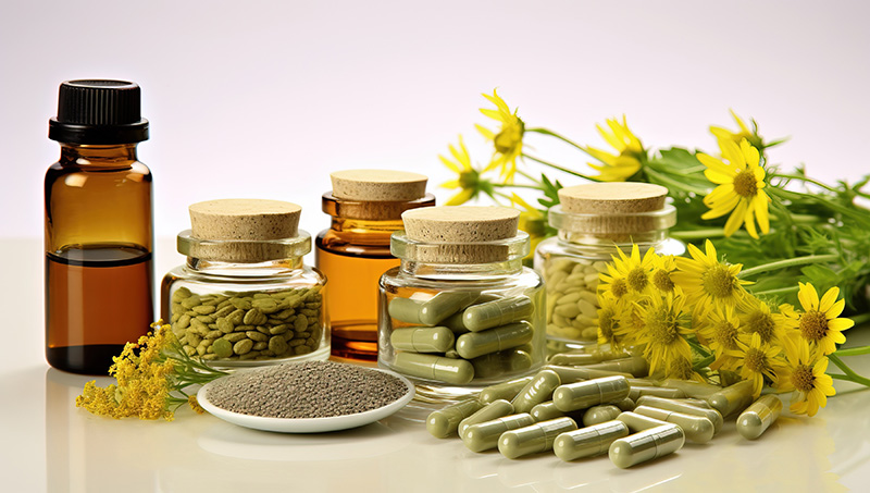 Collection of herbal supplements, capsules, seeds, and essential oil bottles surrounded by fresh yellow flowers, representing natural health remedies and holistic wellness.