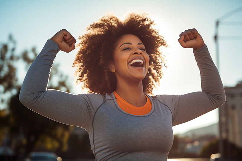 Smiling woman with arms raised, celebrating weight loss achievements.