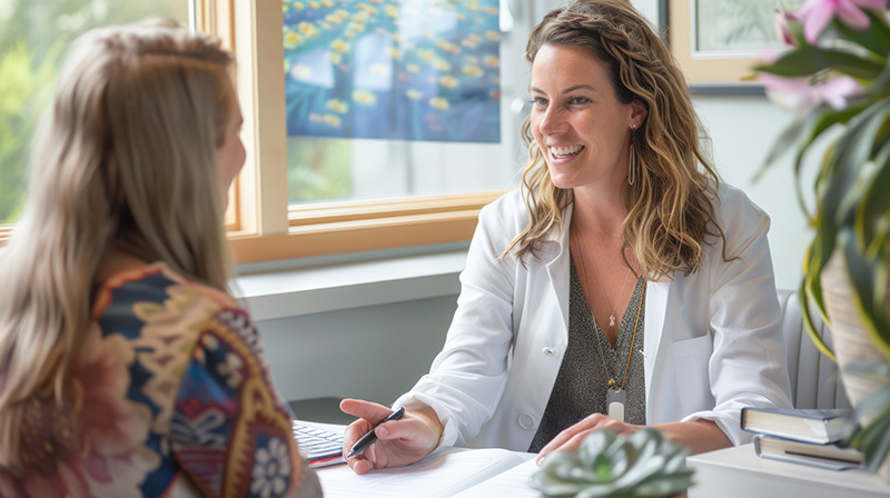 Acupuncturist discussing a wellness plan with a patient in a bright office, focusing on holistic health and personalized care strategies for infertility.